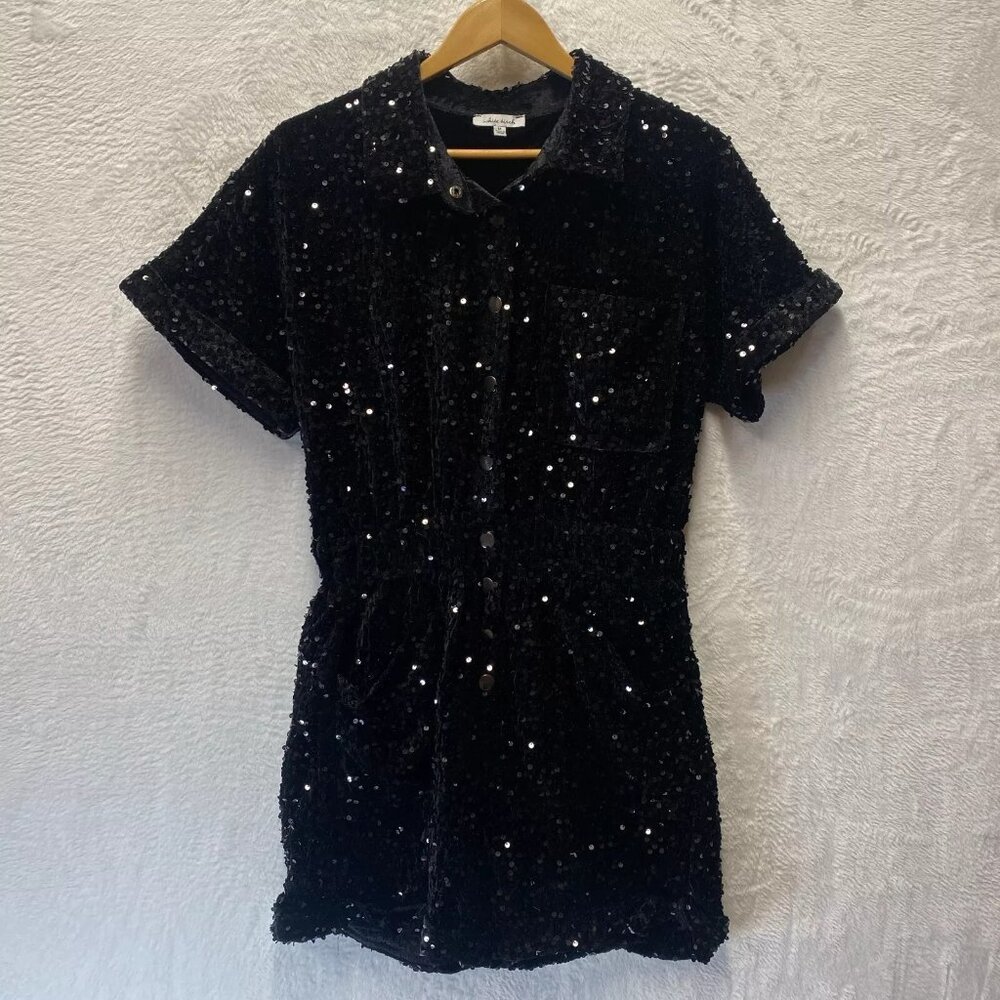 White Birch All Over Sequin Romper Medium Black Velvet Lined Party Night Out Bar